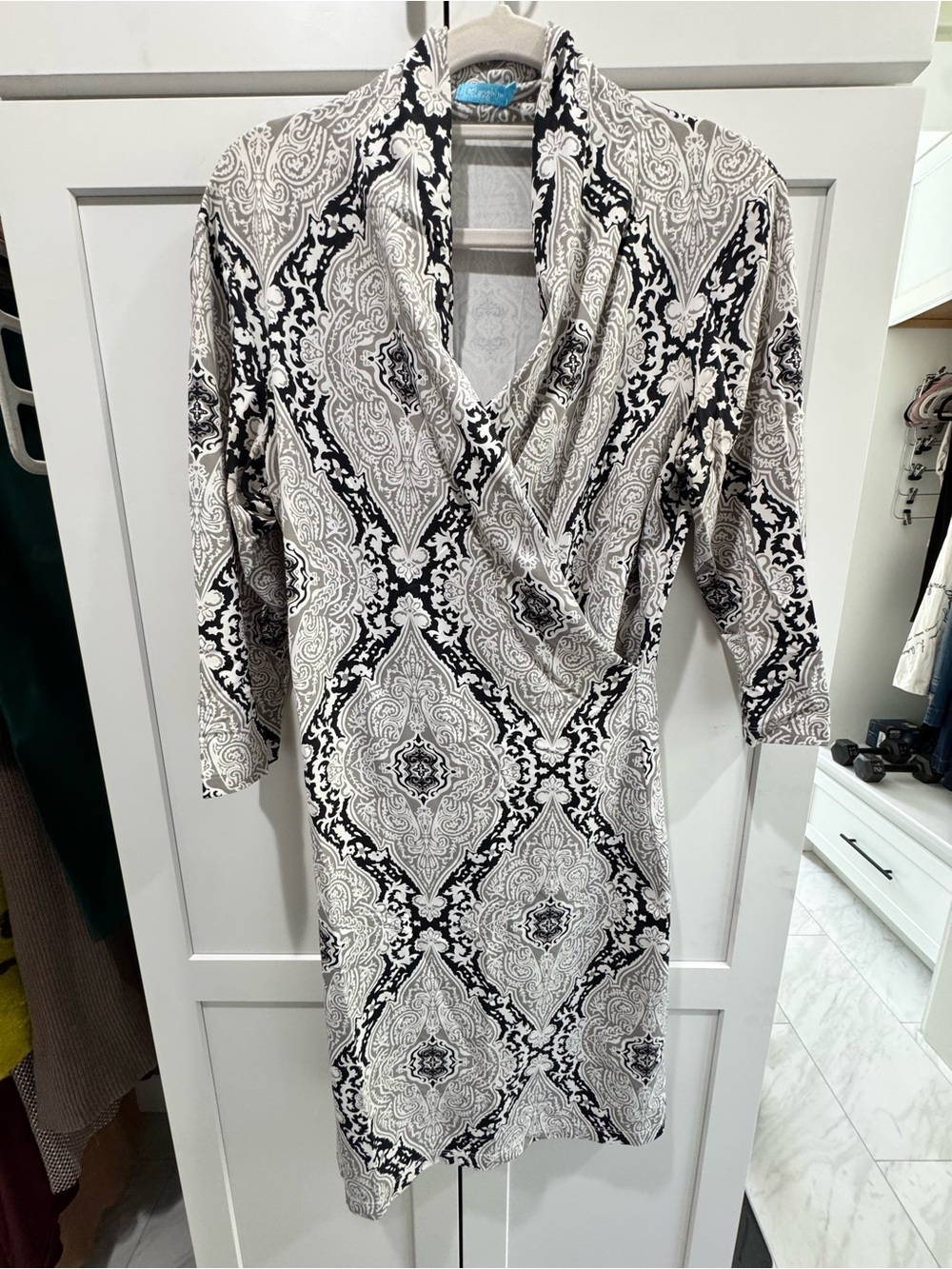 J. McLaughlin Black and White Paisley Midi Wrap Dress